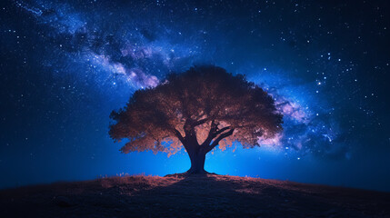 Solitary tree illuminated under starry sky with