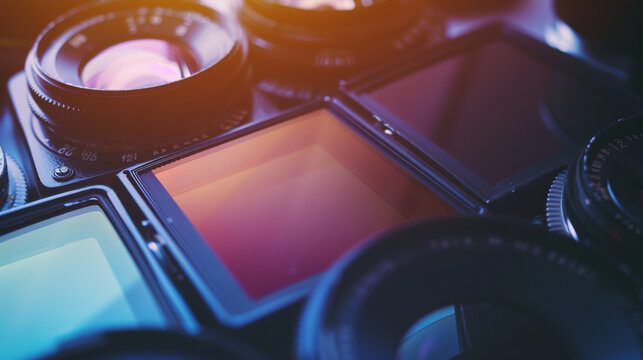 A collection of camera lenses and filters arrayed in a close-up shot, illuminated with a soft gradient of colored light.