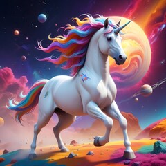 Unicorn with colorful rainbows castles and planets..