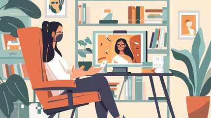 A woman is sitting in a chair in her home office. She is wearing a mask and talking to someone on a video call.