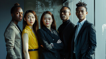 Fototapeta premium A professional group stands confidently in semi-formal attire, with determined expressions, highlighting strength and ambition.