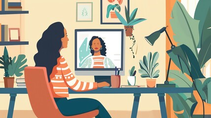 A woman is sitting at her desk and looking at her computer. She has long, dark hair. She is wearing a striped top and jeans.