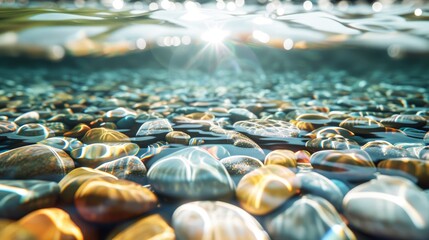 Obraz premium A gentle stream with glowing, multicolored pebbles beneath the clear water, reflecting the sunlight, high-resolution photo, realistic photo, hyper realistic