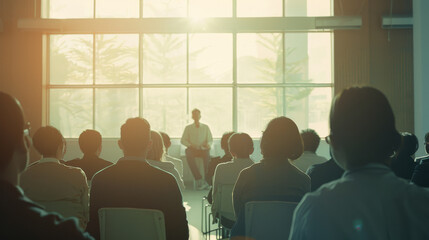 Fototapeta premium People sitting in a bright, sunlit conference room, attentively listening to a speaker standing at the front.