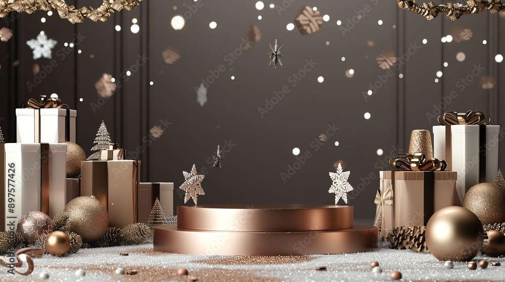 Poster this is a beautiful image of a christmas display. there are two presents on the left and right of th