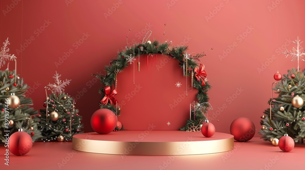Poster 3d rendering of a christmas-themed product display. the image features a red background with a gold 