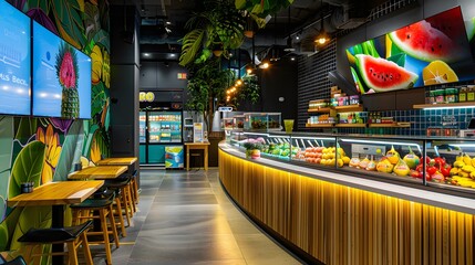 Fototapeta premium Modern Tropical Fruit Bar Interior with Display Case of Fresh Produce