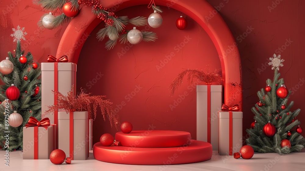 Poster this is a beautiful 3d rendering of a christmas-themed background. the scene features a red archway 