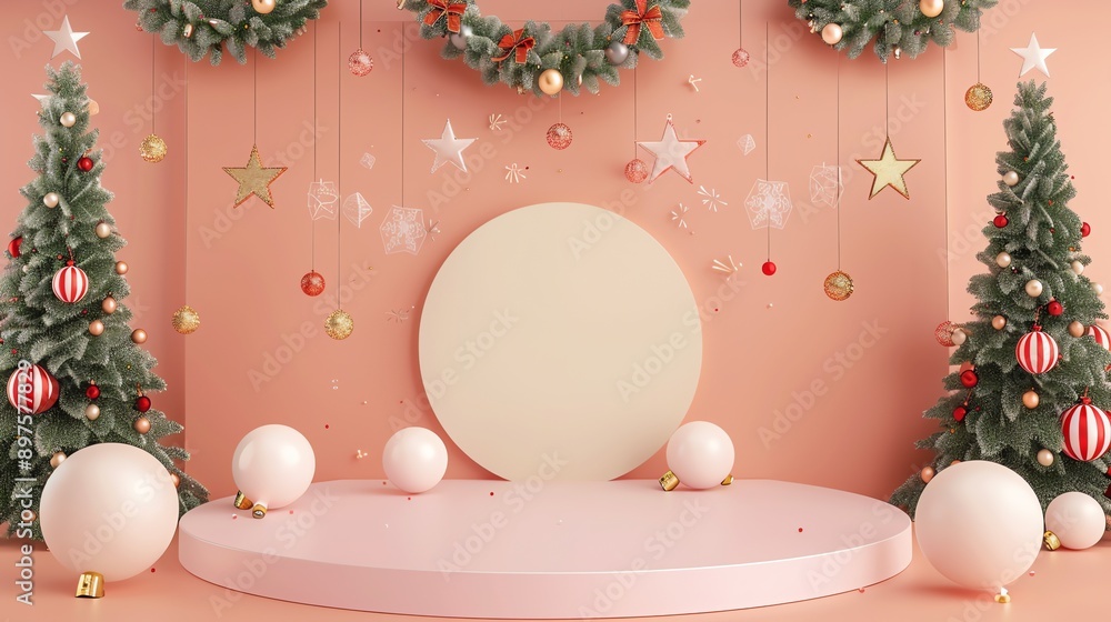 Poster this is a 3d rendering of a christmas-themed background. the background is pink, and there is a chri