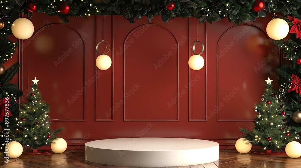 Poster 3d rendering of a christmas scene with a podium in the center.