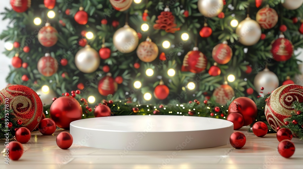 Poster 3d rendering of a christmas tree with red and gold ornaments and a white podium in front of it.