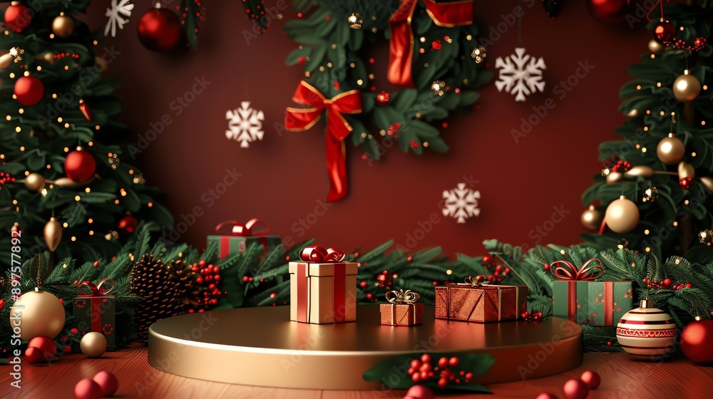 Poster this is a beautiful image of a christmas background. the background is a deep red color, and there a