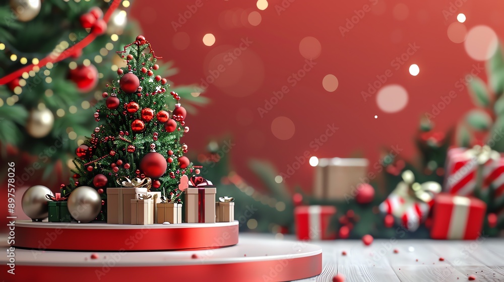 Poster this is a beautiful image of a decorated christmas tree. the tree is surrounded by presents and has 
