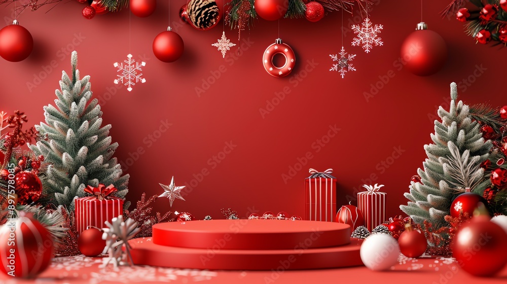 Poster this is a beautiful image of a christmas display. there is a red background with a red and white chr