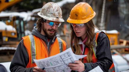 Dedicated duo reviewing architectural plans at an active construction site, ensuring project accuracy