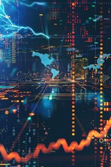Obraz premium High-tech background with dynamic lightning streaks highlighting international financial activities.