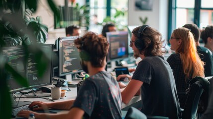Group of programmers coding in a collaborative workspace