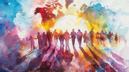 A vibrant watercolor painting depicting a diverse group of people walking towards a bright future, symbolized by a glowing sun and a world map, representing global unity and hope.
