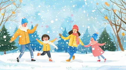 Fototapeta premium Illustration of Family playing in the snow on a winter day