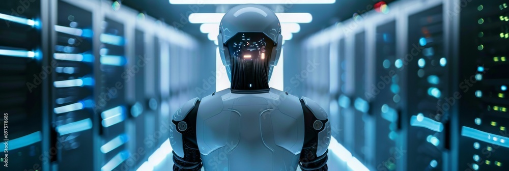 Poster a white humanoid robot walks down a hallway of data center servers. this concept represents the futu