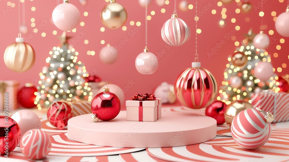 Poster this is a beautiful 3d rendering of a christmas scene. the image features a pink background with a p