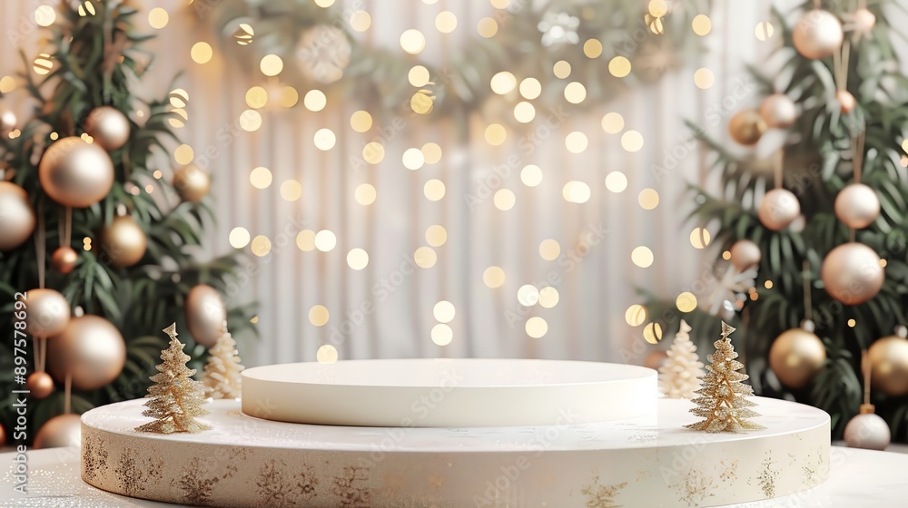 Poster 3d rendering of a christmas scene with a podium in the center.