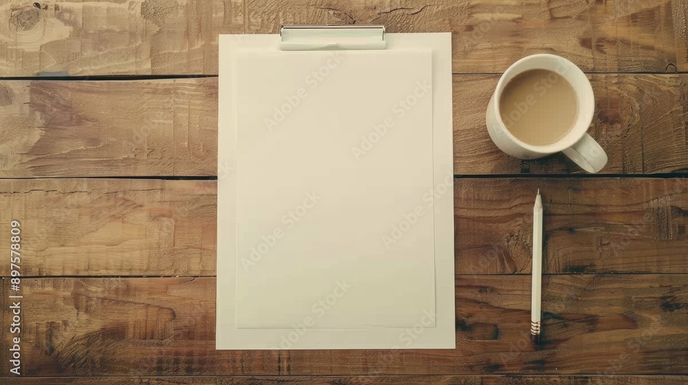 Aufkleber simple office desk setup with empty paper coffee mug and pencil on wooden table overhead view flat l