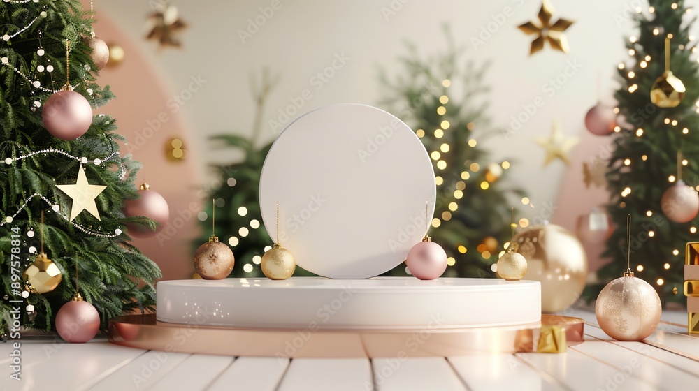 Poster 3d rendering of a christmas scene with a podium for product display.