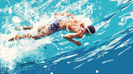 Illustration of Swimmer diving into the pool, water splashing, competitive race