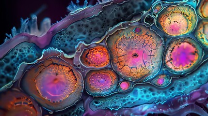 Amazing close-up of a colorful and detailed organic structure, resembling a coral reef or a microscopic organism.