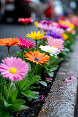 Bright multi-colored flowers decorating a gray stone city