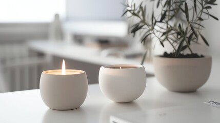 Two white ceramic candles on a white table. The candles are lit and there is a plant in the background. The image is warm and inviting.