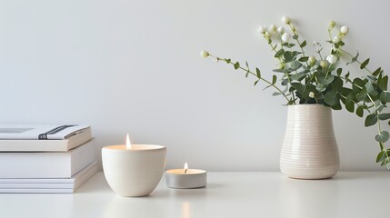 A beautiful image of a ceramic vase with a plant in it. The vase is sitting on a white table, next to a lit candle and a stack of books.