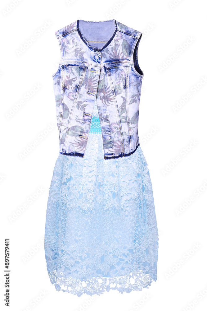 Wall mural Women summer clothes. Close-up of a light turquoise stylish evening dress with lace and a blue jeans vest or jacket for woman on mannequin isolated. Jeans fashion.