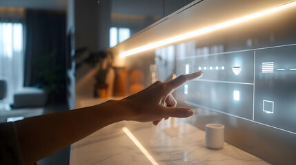 Hand Interacts With a Futuristic Kitchen Interface. Generative AI.