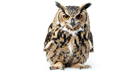 Naklejka premium A close-up of an owl with big yellow eyes. The owl is looking at the camera with a curious expression.