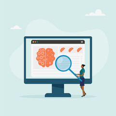 Neuroscience and brain research concept. The human brain and psychology. A character examines a head tomography scan on the screen. Vector illustration.	