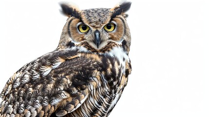 Obraz premium A close-up of an owl with a white background. The owl is looking at the camera with its big, yellow eyes.