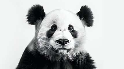 Fototapeta premium A close up of a panda bear's face. The panda is looking at the camera with its big, round eyes. Its fur is black and white, and its nose is pink.