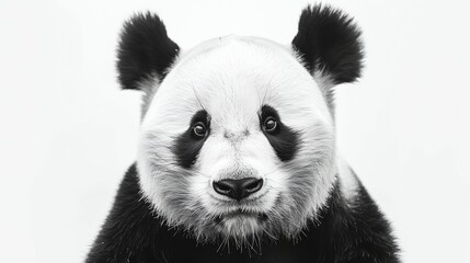 A close up of a panda's face. The panda is looking at the camera with its big, round eyes. Its fur is black and white, and its nose is pink.