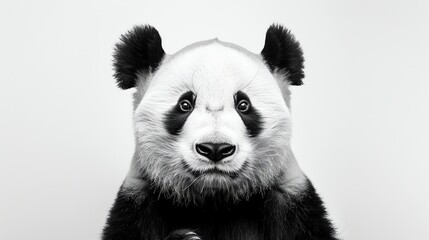 Fototapeta premium A cute panda bear with big black eyes is looking at the camera. The panda has a black and white fur coat.
