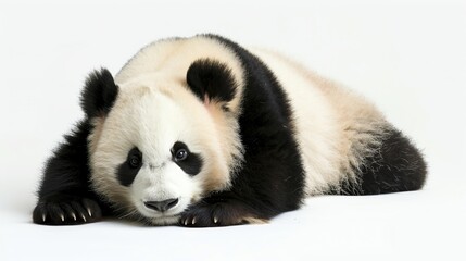 Obraz premium An adorable panda bear cub is lying down on a white background. The cub is looking at the camera with its big, round eyes.