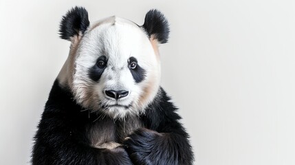 Fototapeta premium A cute panda bear looking at the camera with a curious expression on its face. The panda is sitting in a relaxed pose with its paws in front of it.