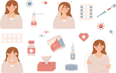 Symptoms of flu disease.Young girl with a set of medicines and treatments.People with cold or flu. Flat vector illustration