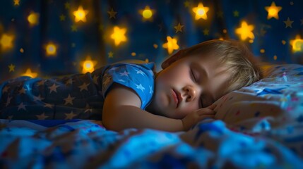 A young child peacefully sleeps in their bed, surrounded by twinkling fairy lights. The image evokes a sense of calm, innocence, and the beauty of childhood.