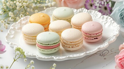 Obraz premium A delicate plate of French macarons in various pastel colors, arranged neatly on a white porcelain dish with a background of fresh flowers