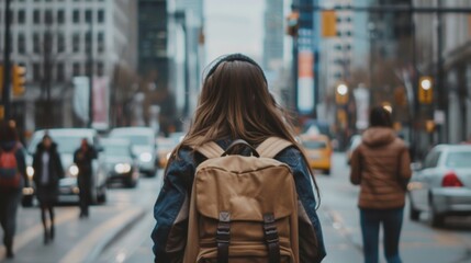 A young woman with long hair walks down a city street, carrying a backpack. She is surrounded by cars and buildings, and the city is bustling with activity. The photo symbolizes travel, exploration, a