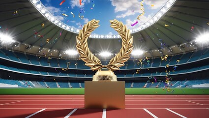 Golden Laurel Wreath Trophy on Podium in Empty Sports Stadium


