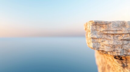 Fototapeta premium A close-up of the edge of a cliff at sunset, with the warm light highlighting the textures of the rock and the distant horizon, with copy space, high-resolution photo, realistic photo, hyper realistic