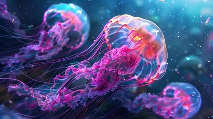 Naklejka premium Colorful jellyfish floating underwater with glowing tentacles